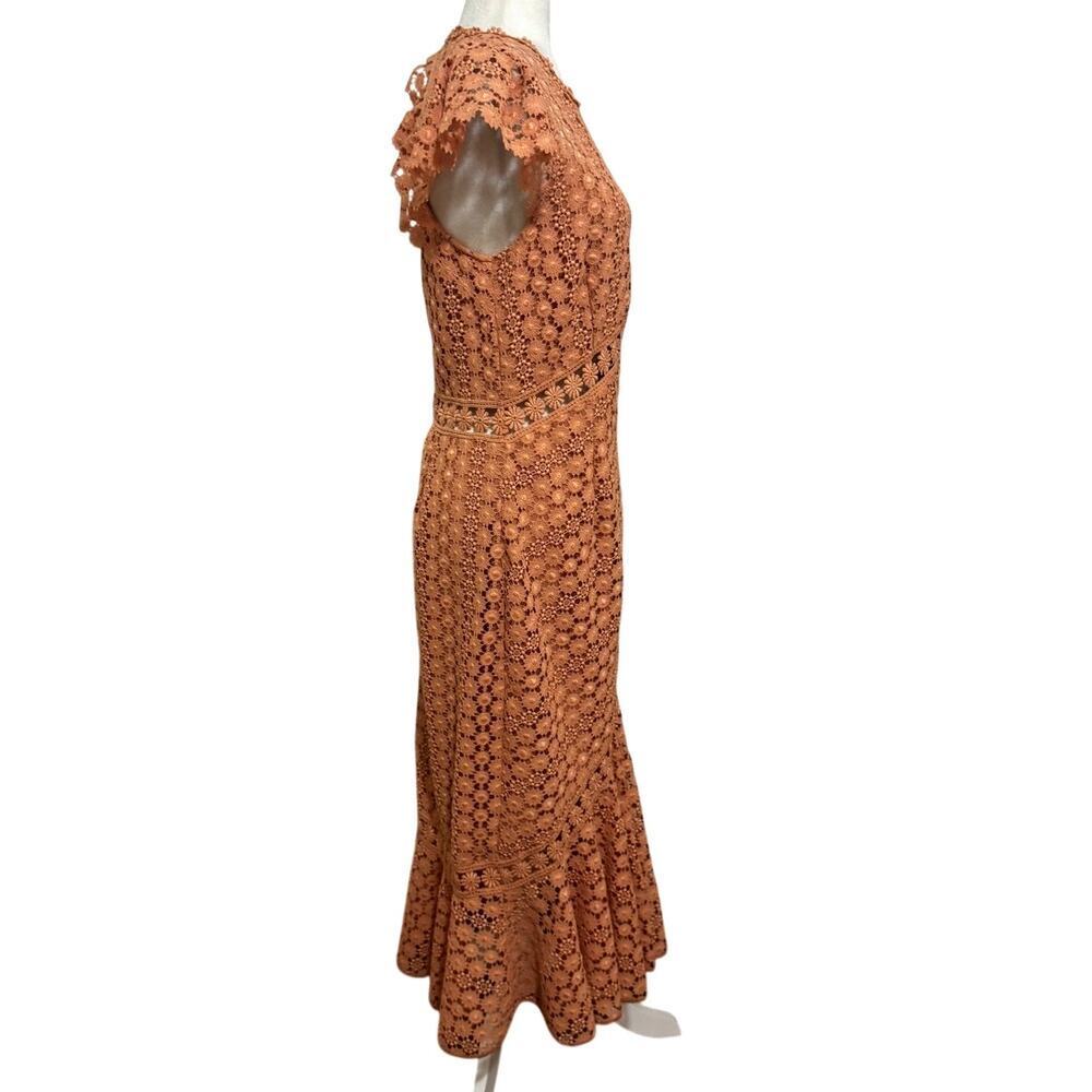 Saylor Rouen Dress Clay Peach Lace Midi Open Back Ruffle Hem Wedding Guest Large - Picture 4 of 7